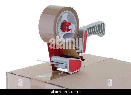 A red tape gun on box on white background Stock Photo