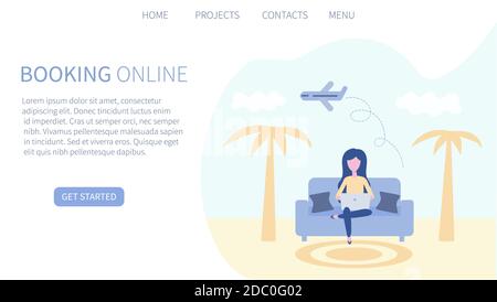 Booking online concept. Travel air tickets and resort hotel website. Flight ticket or insurance reserve from distance for vacation holiday tourism Stock Vector