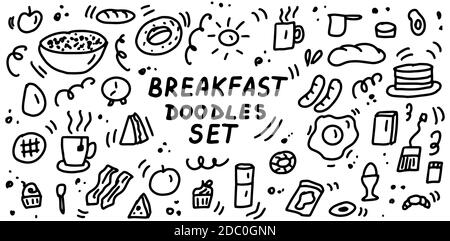 Breakfast doodles icon set. Hand drawn lines cartoon food icons collection. For restaurants, cafes, menu, textile prints, web and graphic design Stock Vector