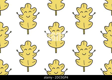 Oak leave seamless pattern isolated on white background. For your fabric, textile design, wrapping paper or wallpaper. . Cute cartoon red autumnal Stock Vector