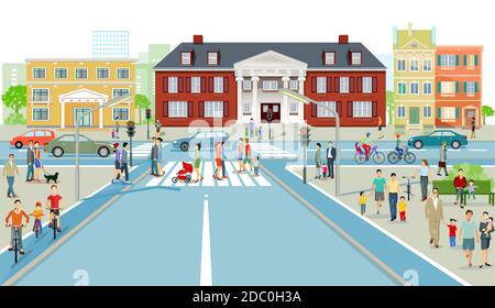 Road traffic with pedestrians and cars on city streets , Illustration ...