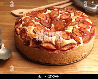 Delicious plum cake made from organic ingredients in a baking plate on a rustic kitchen table, seasonal food or healthy eating Stock Photo