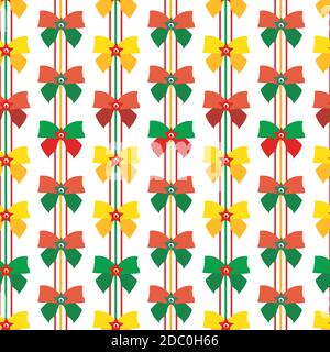 Red, green, gold ribbon and bow vector seamless pattern background. Vertical rows of fun Christmas decorations on white backdrop. Modern design Stock Vector