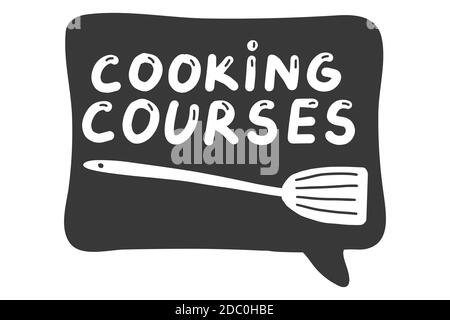 Cooking courses logo template. Lettering calligraphy illustration. Handwritten brush trendy black sticker with text isolated on white background Stock Vector