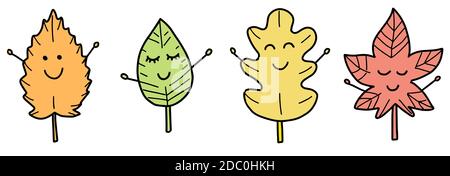 Autumn leaves. Cute cartoon yellow, red, orange autumnal garden leaf, fall leaf and fallen dry leaves. Doodle botanical forest plants or september Stock Vector