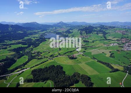 Aerial view of the landscape around the lake in front of the German and Austrian mountains Stock Photo
