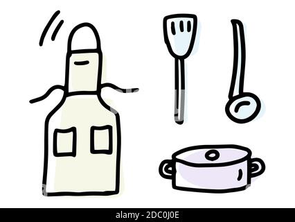 Apron, pot, ladle, spatula. Doodles icon set. Hand drawn lines kitchen cooking tools and appliances, kitchenware, utensil cartoon icons collection Stock Vector