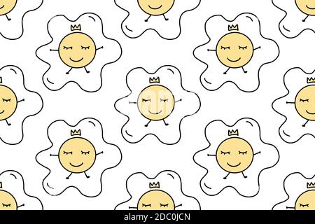 Cute fried egg seamless pattern in doodle style. Hand drawn lines cartoon scrambled egg. Concept of Breakfast food, omelet. Vector illustration for Stock Vector