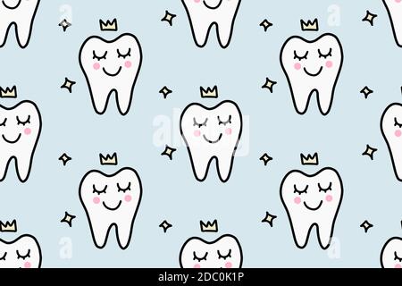Cute cartoon tooth with a crown. Concept of care for the oral cavity, dentistry. Hand drawn doodle seamless pattern isolated on white background. For Stock Vector