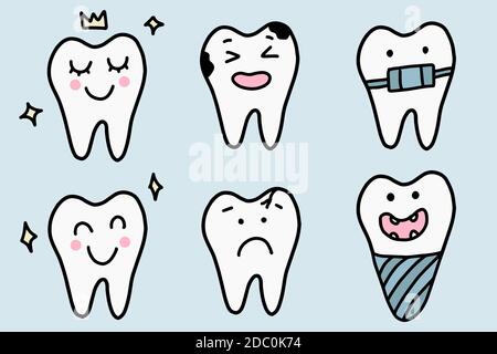 Cute cartoon teeth set. Dental diseases. Tooth decay, inflammation, dental plaque, periodontal disease. Concept of dentistry and medicine. Hand drawn Stock Vector