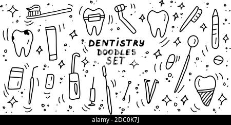 Dentistry doodles icon set. Hand drawn lines stomatology, dental, odontology cartoon collection. Teeth, dentures, orthodontic, dental instruments Stock Vector