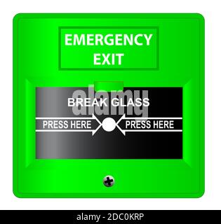 A  green 'break glass' emergency exit button over a white background. Stock Photo