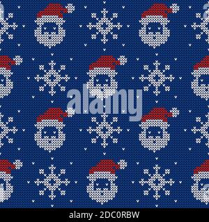 Knitted seamless pattern with Santa Clauses and snowflakes. Vector background. Blue, red and white sweater ornament. Stock Vector