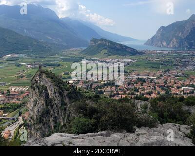 Panoramic viuew on Riva del garda from mountain peak of monte colodri, italy Stock Photo