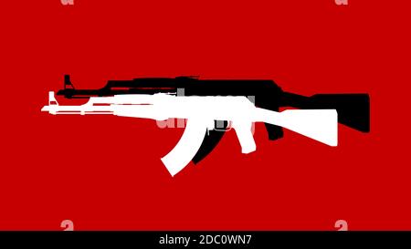 Assault rifle. Flat illustration icon. Vector illustration of a Kalashnikov AK-47 assault rifle. Weapons on a red background with a shadow. Firearms Stock Vector