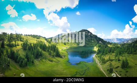 Tauplitz Alm. Lake Großsee and Lawinenstein. Famous hiking and skiing resort in Styria during summer. Stock Photo