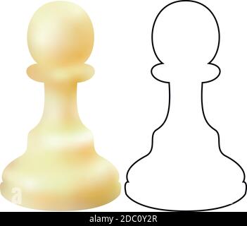 White wooden chess figure pawn isolated on white background. Chess piece Pawn. Realistic vector illustration 3d and line Stock Vector
