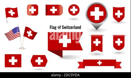 The Flag of Switzerland. Big set of icons and symbols. Square and round Switzerland flag. Collection of different flags of horizontal and vertical. vector illustration. Stock Vector