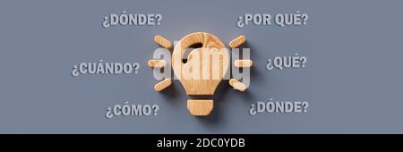 wooden lightbulb with the Spanish words for WHEN, WHAT, WHERE, WHO, WHY ...
