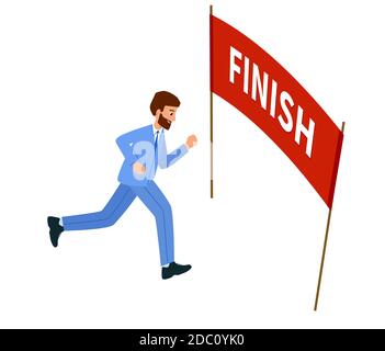 Businessman running the goal, Reached the finish line. Concept of overcoming difficulties and achieving goals. vector illustration in modern flat style. Stock Vector