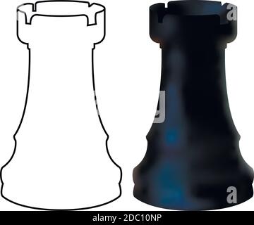 Black wooden chess figure rook isolated on white background. Chess piece Rook. Realistic vector illustration 3d and line Stock Vector