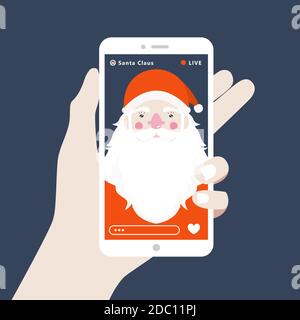 Santa Claus is broadcasting live. Christmas live stream from phone. Hand holding a smartphone. Live broadcast. Vector illustration Stock Vector