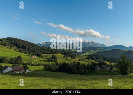 View of the Alpstein and Saentis, Appenzellerland, Canton of Appenzell Inner-Rhodes, Switzerland
