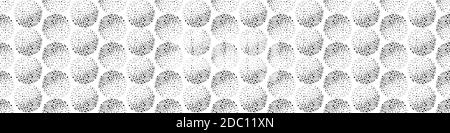Vector border with abstract black and white dotted circles and texture shading effect. Seamless monochrome grunge style geometric banner. Round moon Stock Vector