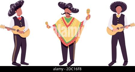 Mexican musicians flat color vector faceless character set Stock Vector