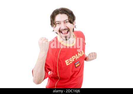 happy spanish man supporter, isolated on white Stock Photo