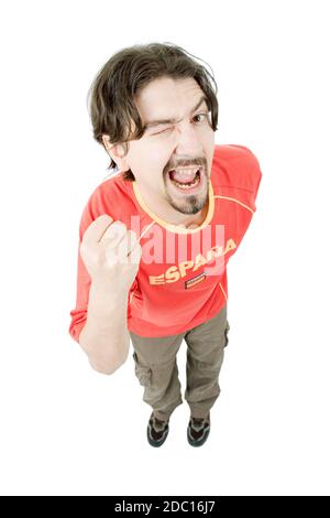 happy spanish man supporter, isolated on white Stock Photo