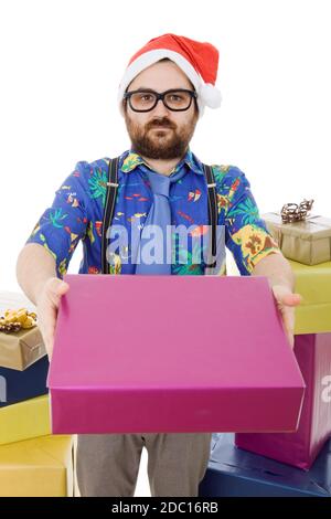 happy silly salesman with some boxes, isolated on white Stock Photo