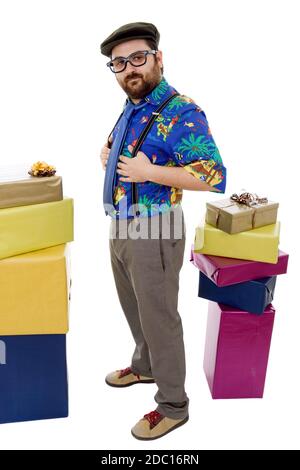 happy silly salesman with some boxes, isolated on white Stock Photo