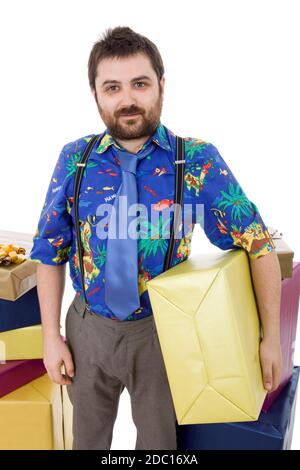 happy silly salesman with some boxes, isolated on white Stock Photo