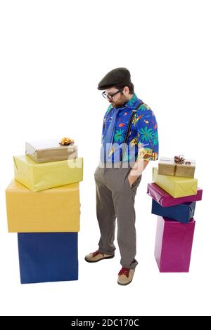 happy silly salesman with some boxes, isolated on white Stock Photo