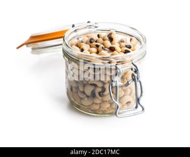 Marinated black eyed beans in jar isolated on white background. Stock Photo