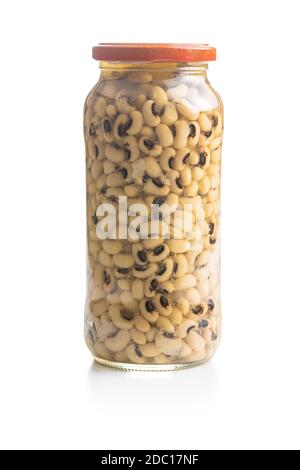 Marinated black eyed beans in jar isolated on white background. Stock Photo