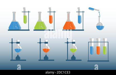 Colored Flasks and Test Tubes on a white background. Vector set icons for web and mobile. Flat design chemistry laboratory experiment, equipment. EPS Stock Vector