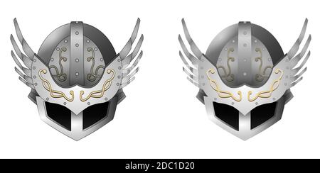 Vector medieval metal winged helmet with patterns on a white background. With and without contours. EPS 10 Stock Vector