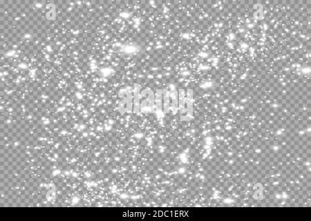 Vector heavy snowfall, snowflakes in different shapes and forms. Many white cold flake elements on transparent background. Snow falling, snow flakes Stock Vector