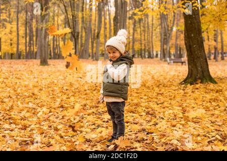 Little preschooler boy in autumn park strewn with golden foliage. The concept of outdoor walks, fun with children. Full-length photo Stock Photo