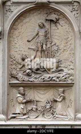 Resurrection of Christ, Architectural details from the external walls of St Stephen's Cathedral in Vienna, Austria on October 10, 2014. Stock Photo