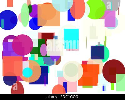 Abstract minimalist blue brown green grey orange pink red violet white yellow illustration with circle and ellipses squares and rectangles and white b Stock Photo