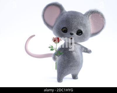 3D rendering of an adorable kawaii furry smiling mouse holding a red rose in its hand, being romantic, ready for a valentine's date. Stock Photo