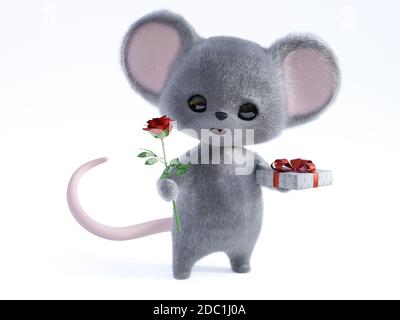 3D rendering of an adorable kawaii furry smiling mouse holding a red rose in one hand and a gift in the other, being romantic, ready for a valentine's Stock Photo