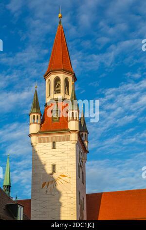 View of the Old Town Hall clock tower (Rathaus), Munich, Bavaria, Germany, Europe Stock Photo