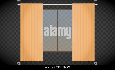 View from the window with curtains on a transparent background. Lights on in the room. Horizon lines. Vector illustration in a flat style. Beautiful Stock Vector