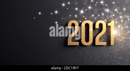 New year greeting card 2021. Date number colored in gold on a festive black background, with glitters and stars - 3D illustration Stock Photo