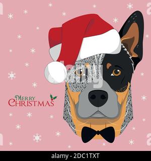 Christmas greeting card. Australian Cattle dog with red Santa's hat and bow tie Stock Vector