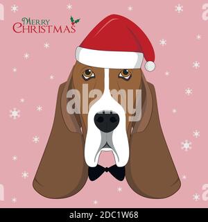 Christmas greeting card. Basset Hound dog with red Santa's hat and bow tie Stock Vector